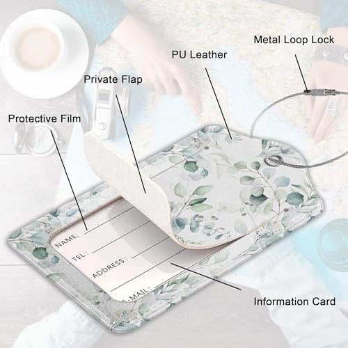 2Pcs Luggage Tag for Suitcase Sage Floral Green Leaves Cute Suitcase Tag with Privacy Flap & Name ID Label & Metal Loop (Sage Floral Green Leaves)