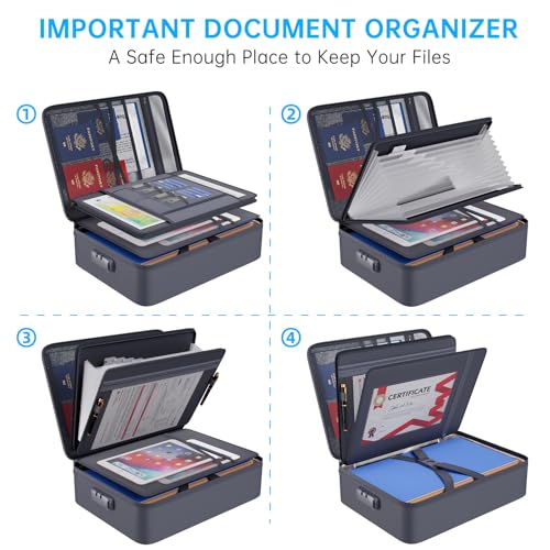 Fireproof Document Organizer Bag with Lock ＆ Accordion File Folder (Gray / 15.1" x 11.2" x 4.3")