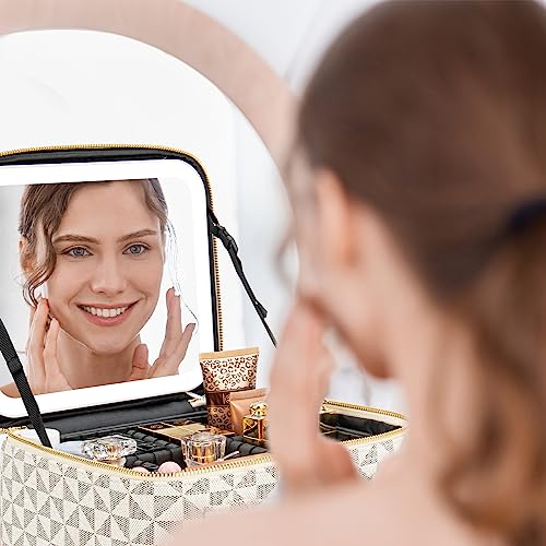 Makeup Travel Train Case with Mirror LED Light 3 Adjustable Brightness Large Cosmetic Bag Portable Storage Adjustable Partition Waterproof Makeup Brushes Make up Jewelry Gift for Women (White)