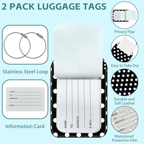 Black White Polka Dots Luggage Tag for Suitcase Set of 2 PU Leather Cute Luggage Tags with Stainless Metal Loop ID Label Privacy Flap Suitcase Tags for Women and Men Travel (Black White Polka Dots)
