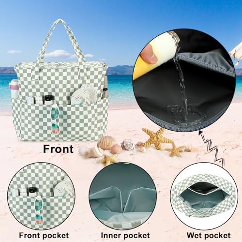 Waterproof Beach Tote Pool Bags for Women Ladies Extra Large Gym Tote Carry On Bag With Wet Compartment for Weekender Travel (Grass Green White Grid)