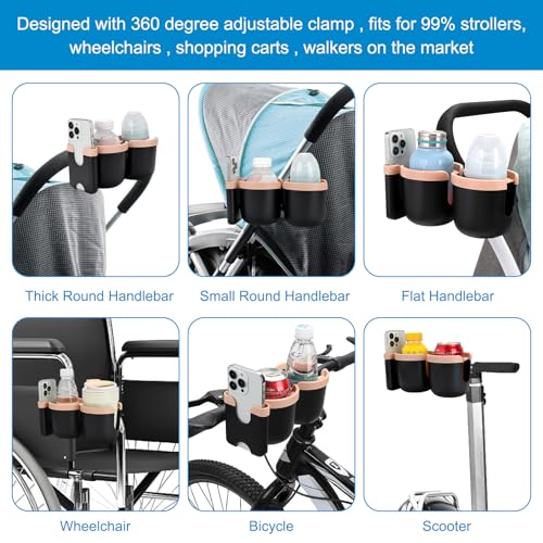 Stroller Cup Holder with Phone Holder (Double Holder-Pink)