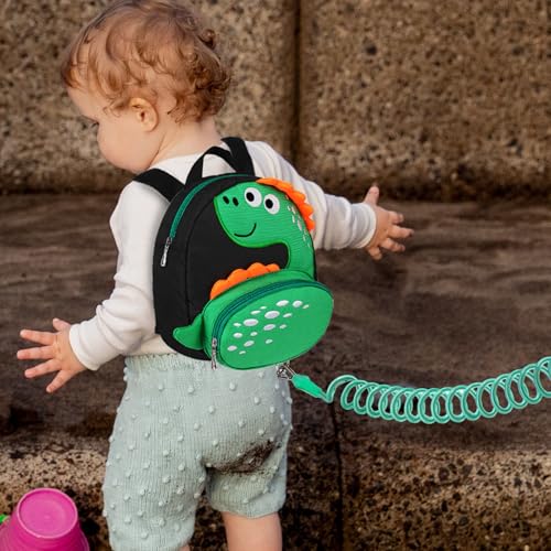 Toddler Backpack Harness with Safety Leash (Black/Green Dinosaur, Green Link)