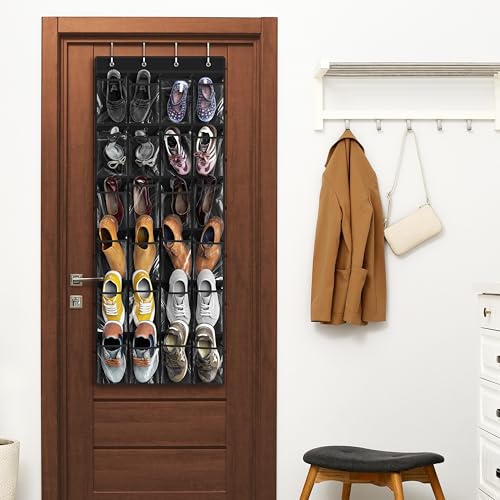 24 Pockets Large Clear Over the Door Shoe Organizer (Extra Large Pockets / Black)