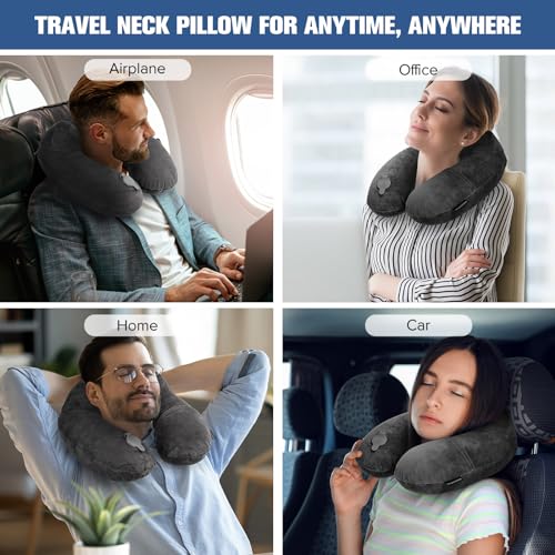 Inflatable Travel Pillow for Sleeping Airplane (Dark Grey / M-Shape)
