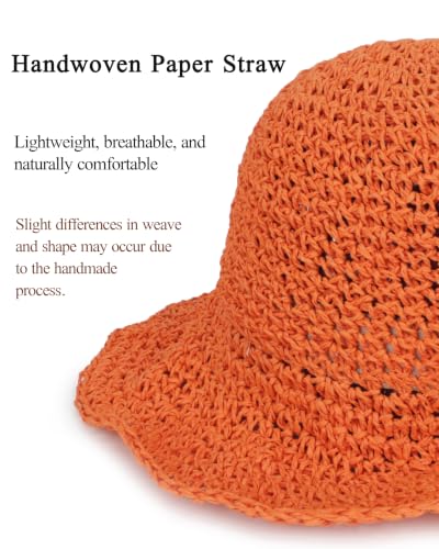 Womens Crochet Straw Sun Hat Foldable Floppy Wide Brim Beach Hat for Summer (One Size / Orange)
