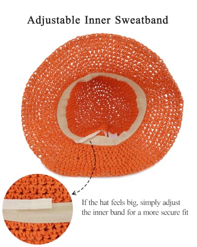 Womens Crochet Straw Sun Hat Foldable Floppy Wide Brim Beach Hat for Summer (One Size / Orange)