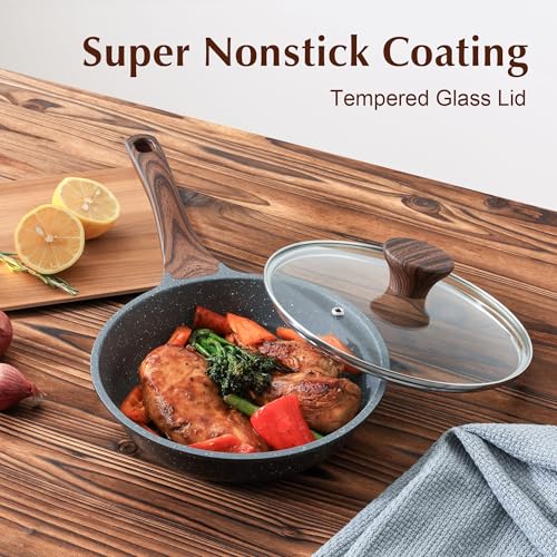 Nonstick Frying Pan Skillet with Lid (Gray Granite / 8 Inch)