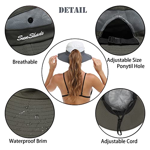 Womens Summer Sun Hat Beach Hat Wide Brim Outdoor UV Protection Hat Foldable Cool Mesh Ponytail Bucket Hat (6-7 / Pure Army Green)