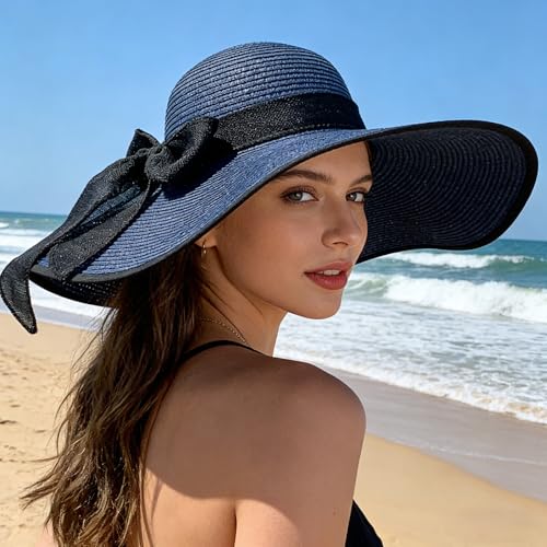 Womens Big Bowknot Straw Hat Floppy Foldable Roll up Beach Cap Sun Hat UPF 50+ ACA Navy (Aca Navy /Normal Edge)