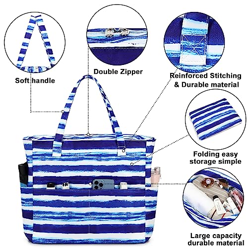 Waterproof Beach Tote Pool Bags for Women Ladies Extra Large Gym Tote Carry On Bag With Wet Compartment for Weekender Travel (Blue White Stripes)