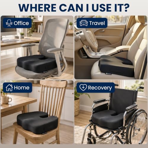 Seat Cushion Memory Foam Chair Cushion for Tailbone Pain Relief (Black / Large)