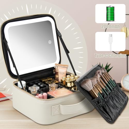 Makeup Travel Train Case with Mirror LED Light 3 Adjustable Brightness Large Cosmetic Bag Portable Storage Adjustable Partition Waterproof Make up Brushes Makeup Jewelry Gift for Women (Light Gray)