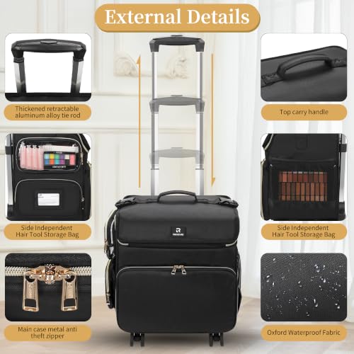 Rolling Makeup Train Case (Black-with 7 bags / XL)