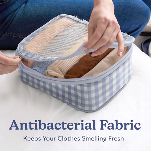 Compression Packing Cubes for Women (1. Blue Gingham / Deluxe Set (4 Cubes + Toiletry & Laundry Bags))
