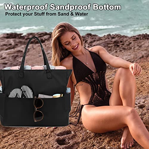 Waterproof Beach Tote Pool Bags for Women Ladies Extra Large Gym Tote Carry On Bag With Wet Compartment for Weekender Travel (M-black)