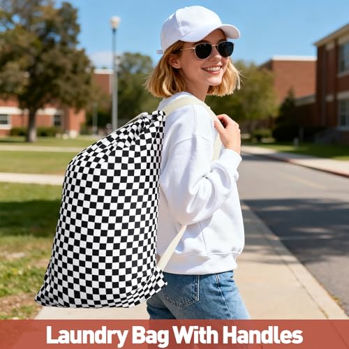 Laundry Bag Backpack for Dorm & Travel (Black White Checkered)