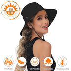 Sun Hats for Women Bucket Hat UV Protection Fishing Hat Wide Brim Safari Hats 2 in 1 Zip (With One Pair Cooling Sleeves-1pack-black)