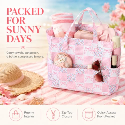 Beach Bags for Women (Gingham Floral Bow)