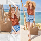 Straw Beach Bags for Women Straw Woven Beach Tote Bag Casual Boho Large Shoulder Handbags Purse for Vacation Holiday Picnic (E Khaki)
