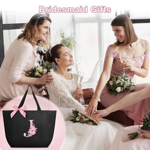Tote Bag, A-Z Initial Monogrammed Waterproof Tote Bag, Bridesmaid Gifts for Women, Black and Pink (J, Black) (Black)