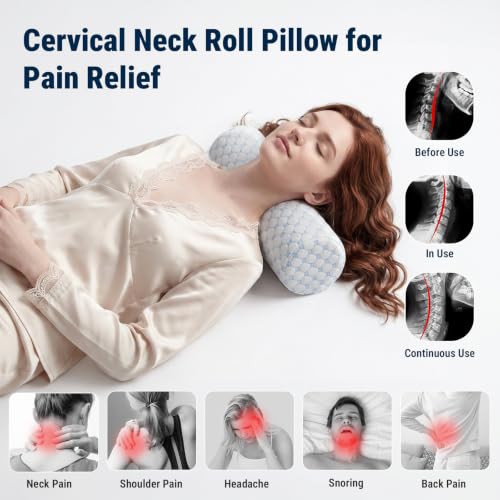 Neck Roll Pillow for Neck Pain Relief (Cool Blue / Medium - 5.0" H)