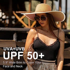 Women Twine Wide Brim Straw Hats Big Floppy Summer Hat Foldable Roll up Cap Beach Sun Hat UPF 50+ (Straw Hat: Khaki 5.9" Brim, 1 Pack)