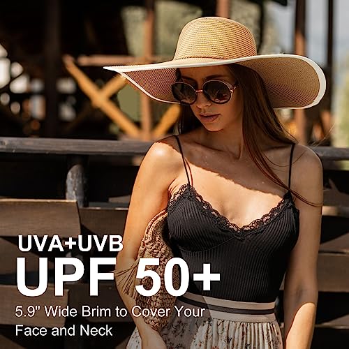 Women Twine Wide Brim Straw Hats Big Floppy Summer Hat Foldable Roll up Cap Beach Sun Hat UPF 50+ (Straw Hat: Khaki 5.9" Brim, 1 Pack)