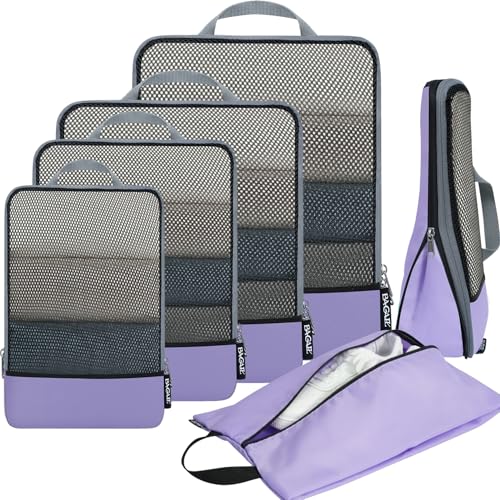 4 Set/6 Set/8 Set Compression Packing Cubes Travel Accessories Expandable Packing Organizers (Half Mesh, 6-Lavender) (6-Lavender / Half Mesh)