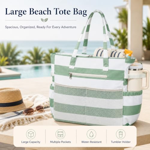 Waterproof Beach Tote Pool Bags for Women Ladies Extra Large Carry On Bag With Wet Compartment for Weekender Travel (Green White Stripe 5cm)