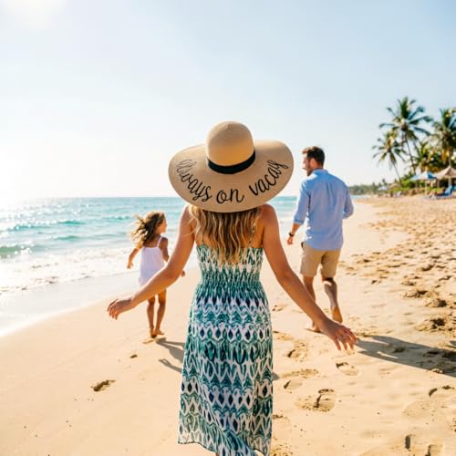 Big Straw Sun Hats for Women Floppy Foldable Roll up Beach Cap Sun Hat UPF 50+ Vacation Honeymoon Embroidered Hat (Ae Always on Vacay: Khakiv)