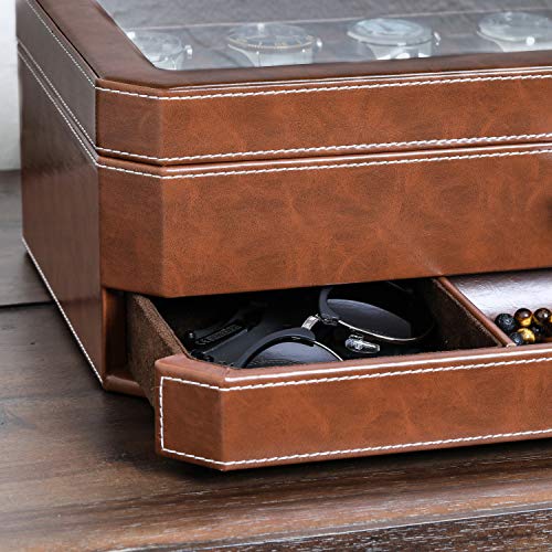 12 Slot Leather Watch Box with Valet Drawer (Tan / Brown)