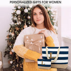 Beach Bag Initial Beach Tote with Makeup Bag for Travel Work Storage Personalized Birthday Gifts for Women Her (Dark Blue 2 Pcs / L)