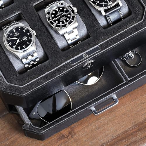 6 Slot Leather Watch Box with Valet Drawer (6 Slot - Black / Grey)