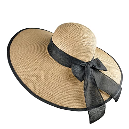 Womens Bowknot Straw Hat Foldable Beach Sun Hat Roll up UPF 54+ (Ac Khaki 5.9" Brim, 1 Pack)
