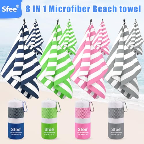 4 Pack(8Pcs) Microfiber Travel Towel, Beach Towel Quick Dry Towel Camping Towel Super Absorbent Compact Lightweight Sports Gym Towels for Beach, Gym, Hiking, Pool, Backpacking, Bath, Yoga (L 60"x30"+24"x15" / Navy Blue+green+pink+grey)
