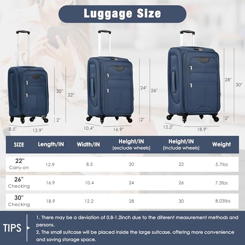 Softside Luggage Set Lightweight 3 Piece Suitcase with Duffel Bag (Softside Luggage(22/26/30) / Deep Blue + bags)