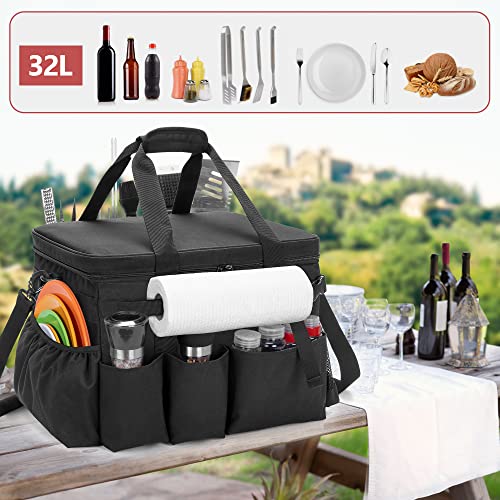 Large Grill Caddy with Lid & Paper Towel Holder & Multi Pockets (Black)
