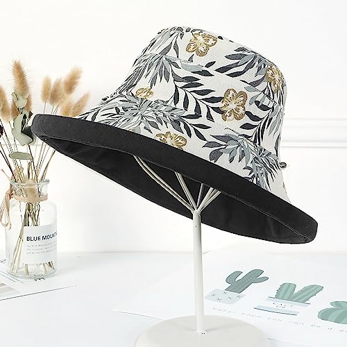 Women Floral Reversible Wide Brim Sun Hats Summer UV Protection Hiking Fishing Hat Wired Edge Beach Garden Lawn Work Cap Chin Strap (Medium / Qf002-black)