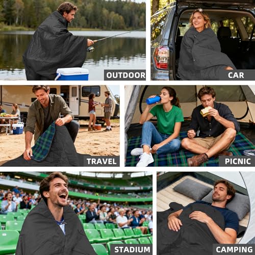 Large Waterproof Outdoor Blanket Thick Fleece 80" x 58" (Green Check)