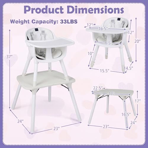 6-in-1 High Chair, Convertible Highchair for Babies and Toddlers/Kids Chair Table Set/Infant Feeding Chair w/Safety Harness, PU Leather Cushion & Removable Food Tray (White) (White)