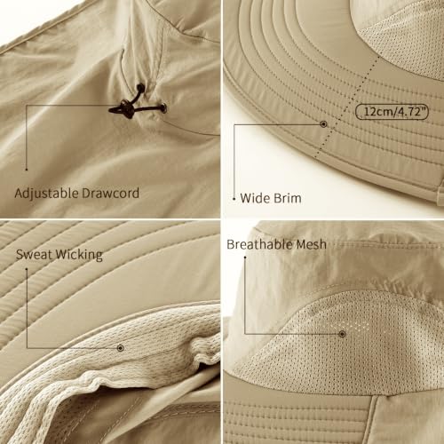 Outdoor UPF50+ Sun Hat Wide Brim Mesh Fishing Hat with Neck Flap (Large-X-Large / Khaki)