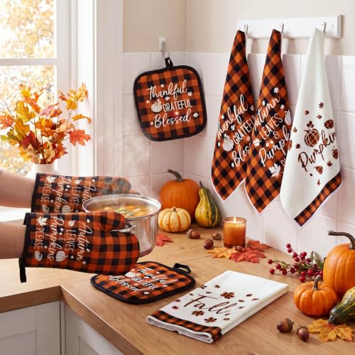 10 Pcs Fall Pumpkin Kitchen Decor Set Kitchen Towels Pot Holders Oven Mitts and Rugs Set Thanksgiving Towels for Baking Cooking BBQ Autumn Home (White, Orange / Checkered Pumpkin)