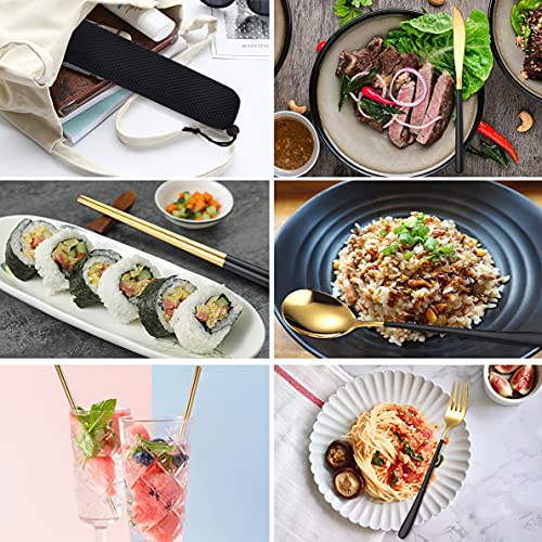 6 Pieces 18 8 Stainless Steel Flatware Set Portable Reusable Cutlery Set Travel Utensils Set Including Chopsticks Knife Fork Spoon Straws Cleaning Brush Dishwasher Safe (Black golden)
