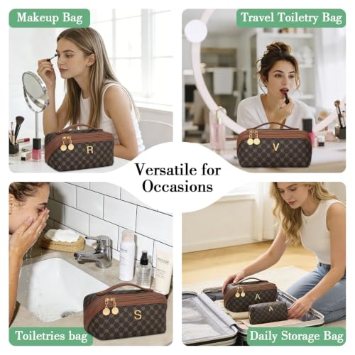 Initial Makeup Bag Personalized Gift for Women Teen Girls (Coffee / I)