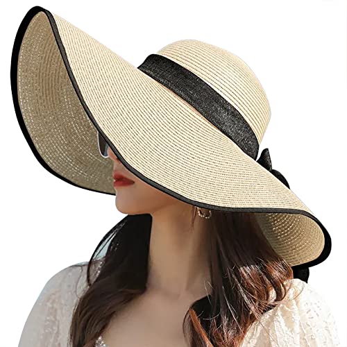 Womens Bowknot Straw Hat Foldable Beach Sun Hat Roll up UPF 51+ (Big Bow / Beige 5.9" Brim a)