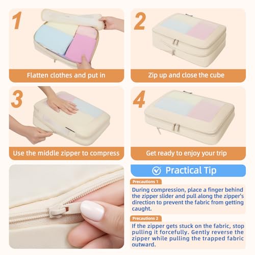 4 Set/6 Set/8 Set Compression Packing Cubes Travel Accessories Expandable Packing Organizers (Square Mesh, 06-Beige) (06-Beige / Square Mesh)