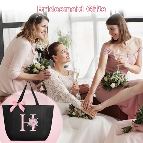 Tote Bag, A-Z Initial Monogrammed Waterproof Tote Bag, Bridesmaid Gifts for Women, Black and Pink (H, Black) (Black)