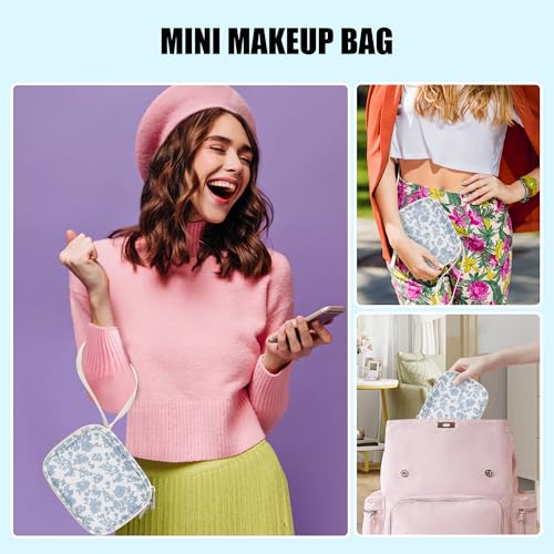 Mini Makeup Bag with LED Mirror (Blue Flower / Mini)