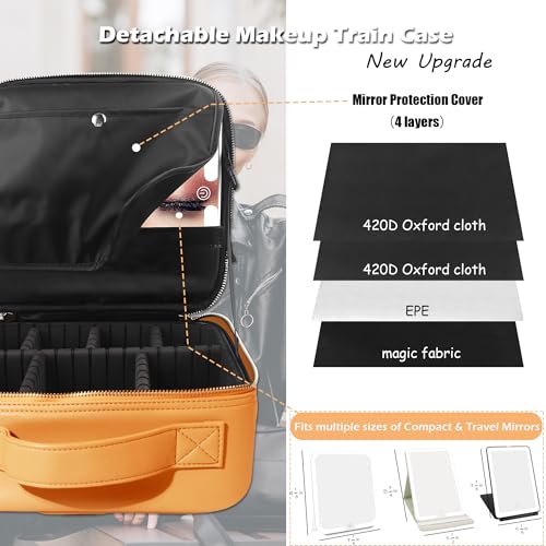 Travel Makeup Bag Cosmetic Bag Makeup Organizer Bag with Lighted Mirror (Apricot / Woven)